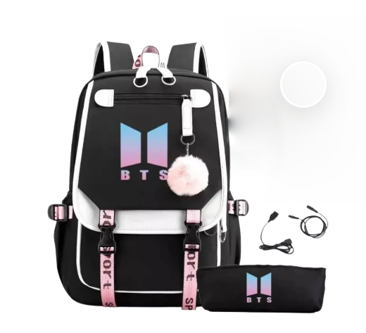 MOCHILA BTS COLOR BLANCO Y NEGRO